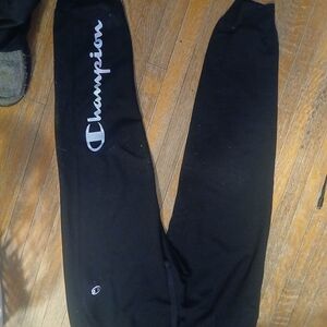 Champion Black Sweatpants with White Script Logo Down Leg